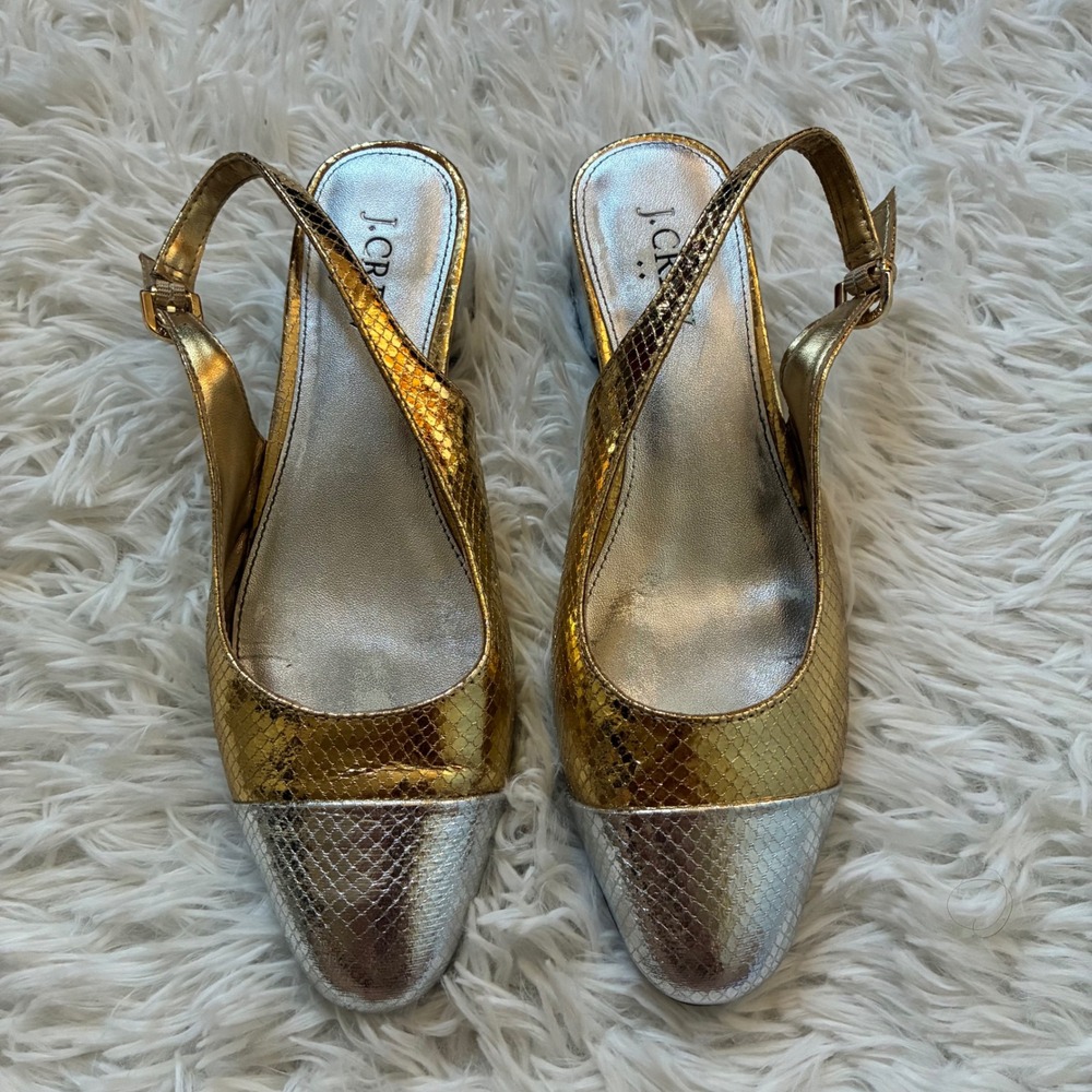 J.Crew Metallic Gold Silver Snakeskin Slingback Block Heel Pumps 6.5 Glam Chic